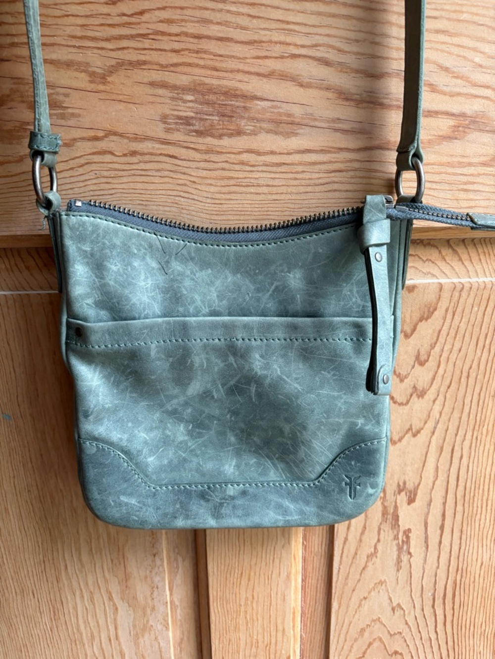 Frye Distressed Leather Crossbody Bag Teal Blue Green Small Boho Minimal